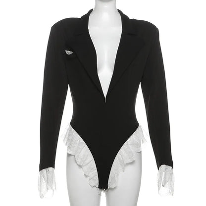 Lace Fashion Suit Jumpsuit Female Blazer Body Top V-Neck Slim Long Sleeve Sexy Cardigan Streetwear Women Black Rompers New