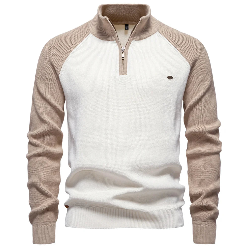 Men's Cotton Mock Neck Pullover Sweater Stand Collar Quarter Zipper Warm Casual Autumn Winter Social Sweater