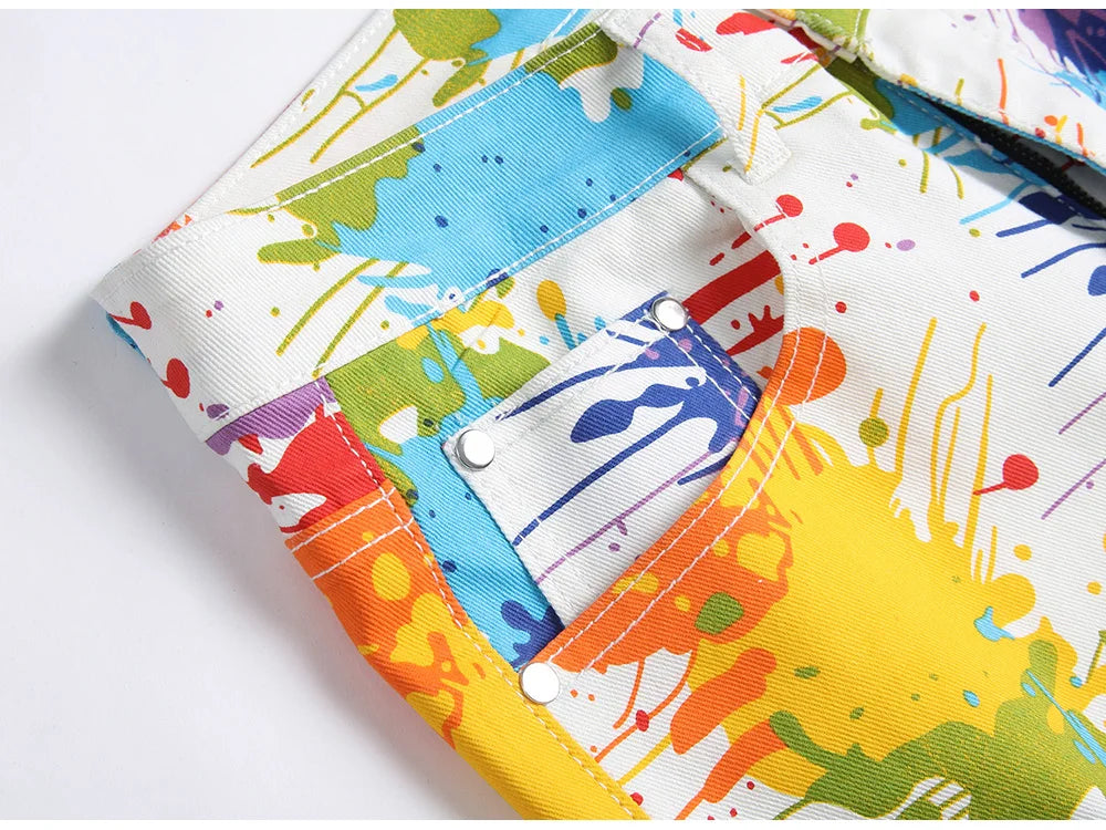 Men Fancy Color Painted Shorts Summer Y2K Stretch Denim Breeches Digital Print White Jeans