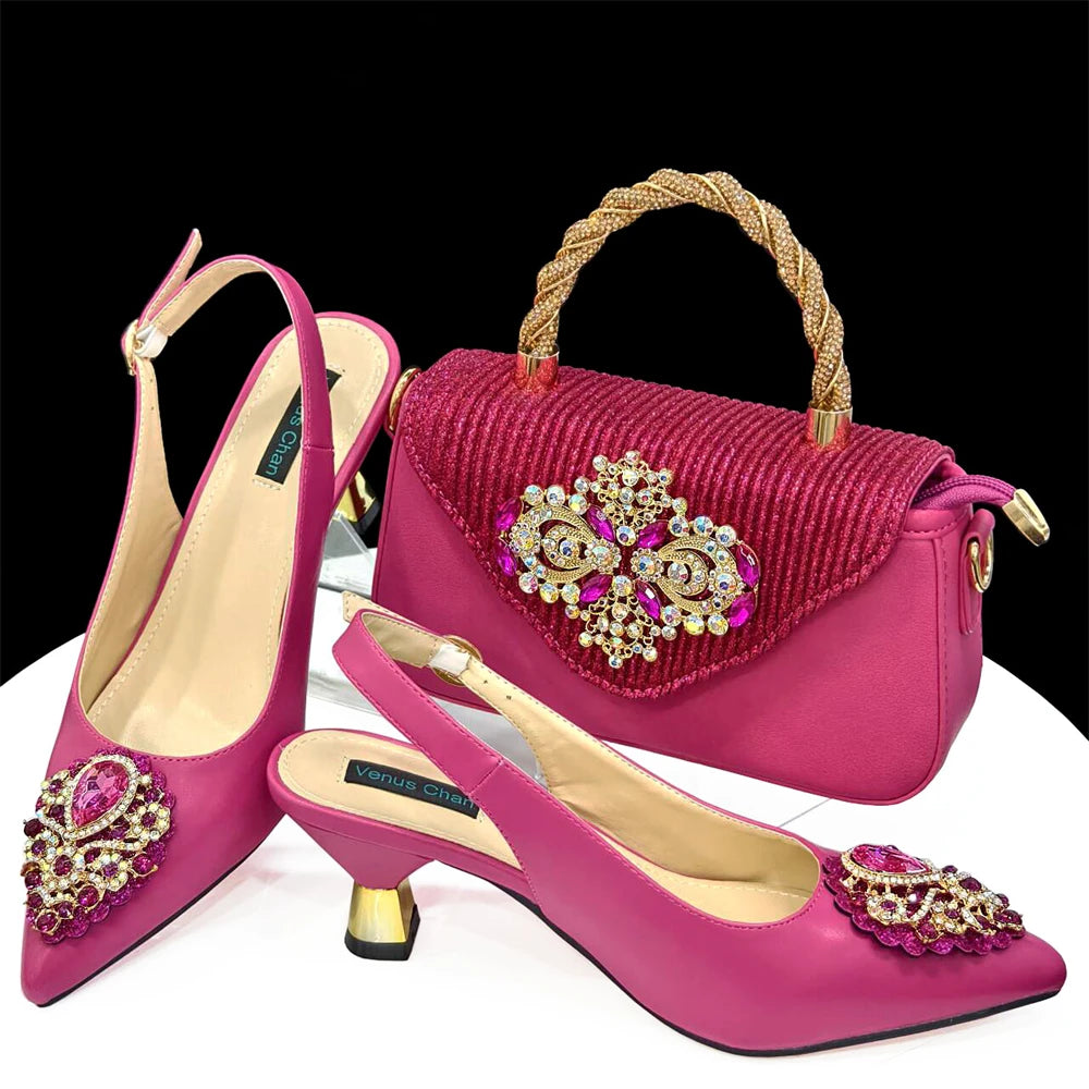 2024 Latest Wedding Pointed Toe Women's Shoes High Heel White Color Rhinestones Party Ladies Shoes And Bag Set
