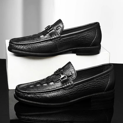 High Quality Round Toe Breathable Loafers Fashionable Brand Men's Comfortable Crocodile Patterned Casual Cowhide and Bean Shoes