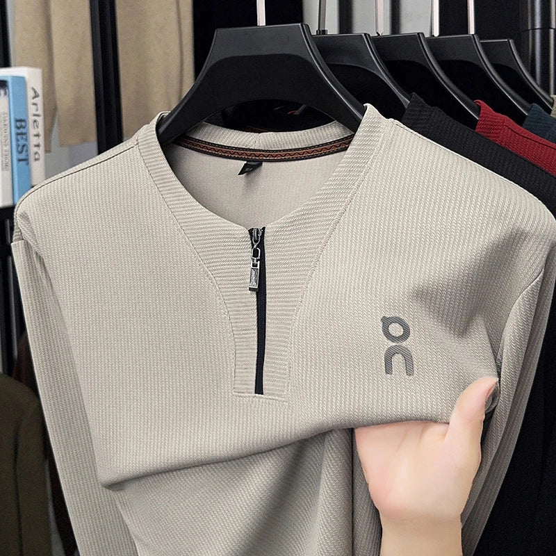Long Sleeved T-shirt Sweatshirt Men's Autumn New Item Business Casual Skin Friendly Elastic Top Men's Zipper Bottom Shirt