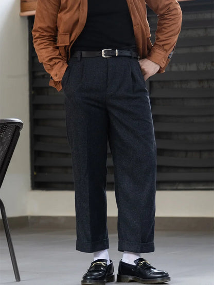 Cashmere Edition Men's Hollywood-Style Loose-Fit Slightly Flared Casual Pants Wool Flannel Trousers Vintage-Style Dress Pants