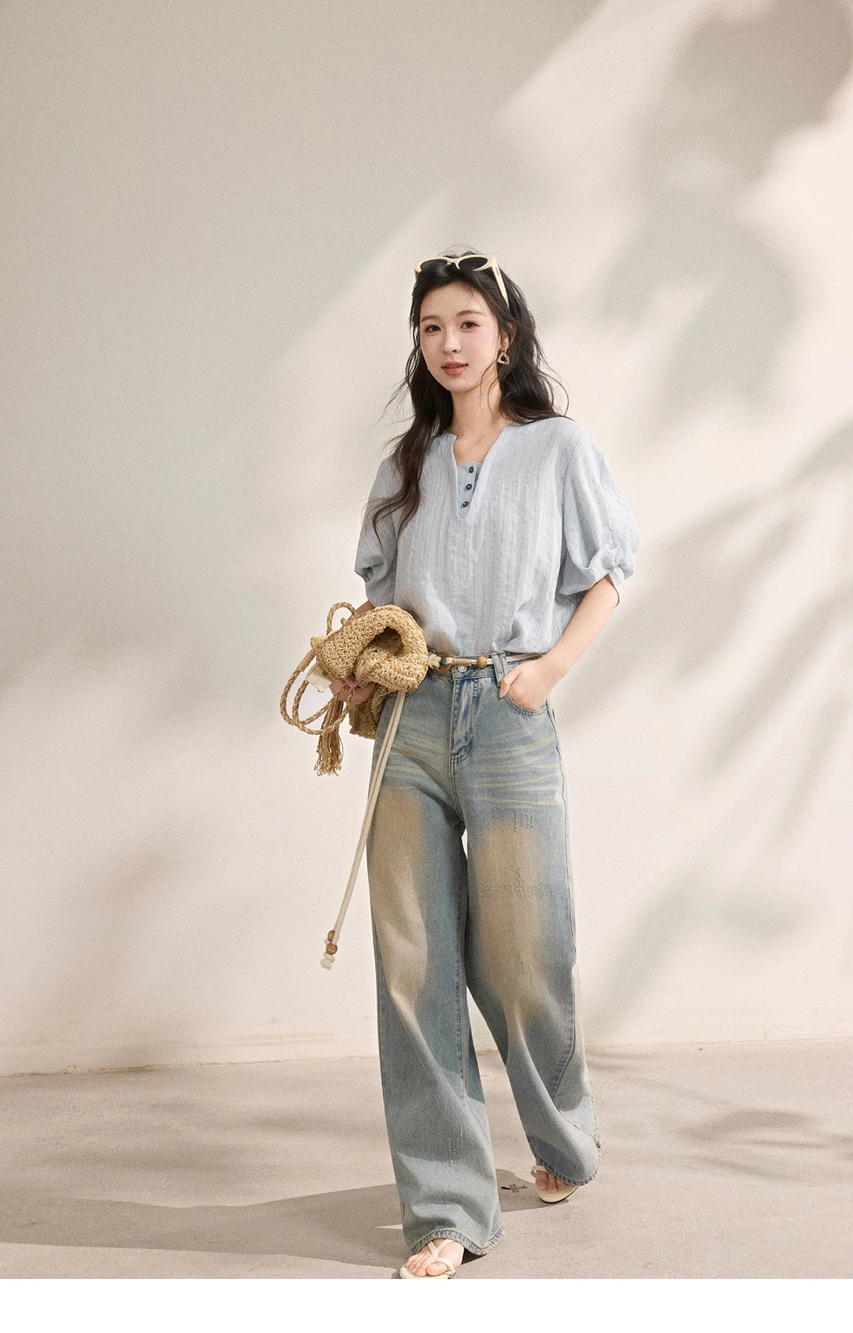 Women French Vertical Stripe Blouse Summer Seven Quarter Sleeve Loose Blouse Minimalist Solid Top Office Lady MXF16X2562