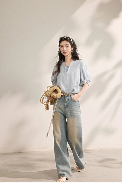 Women French Vertical Stripe Blouse Summer Seven Quarter Sleeve Loose Blouse Minimalist Solid Top Office Lady MXF16X2562