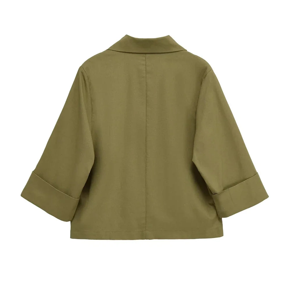 Women's Double-Breasted Loose Linen Blazer Coat Short Sleeve Pockets Chic Female Outerwear Top