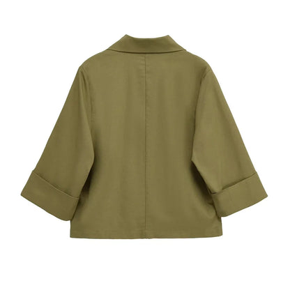 Women's Double-Breasted Loose Linen Blazer Coat Short Sleeve Pockets Chic Female Outerwear Top