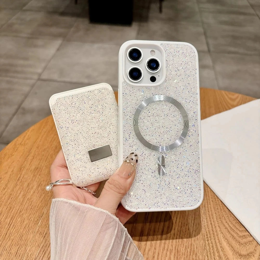 Luxury Glitter Flash Diamond Case With Magnetic Card Bag For iPhone 17 Air 16 15 14 Plus 13 12 Pro Max Anti-drop Protector Shell