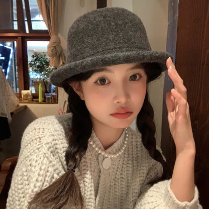 Women Hat Winter Wool Knitted Fedora Small Topper Hat Casual Ladies Solid Color British Top Hat Rolled Brim Official Website