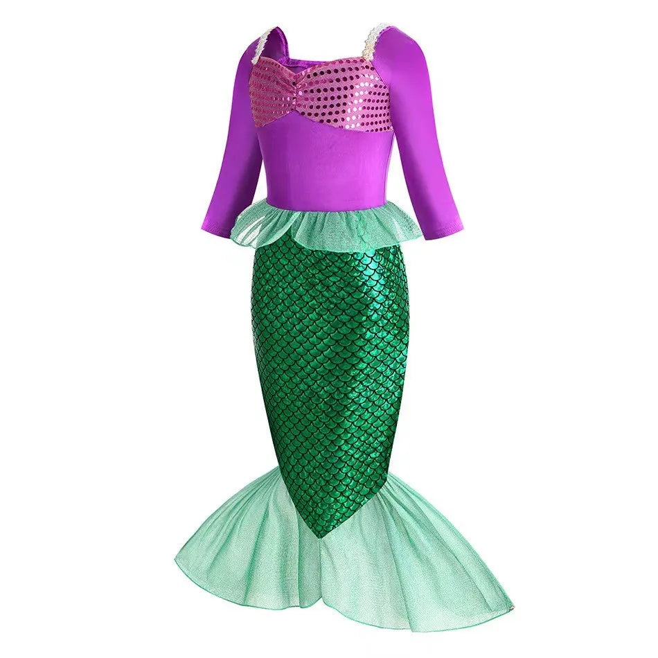 Christmas Holiday Birthday Party Mermaid Princess Same Style Girl Ariel Cosplay Long Sleeve Mermaid Dress Accessory Suit