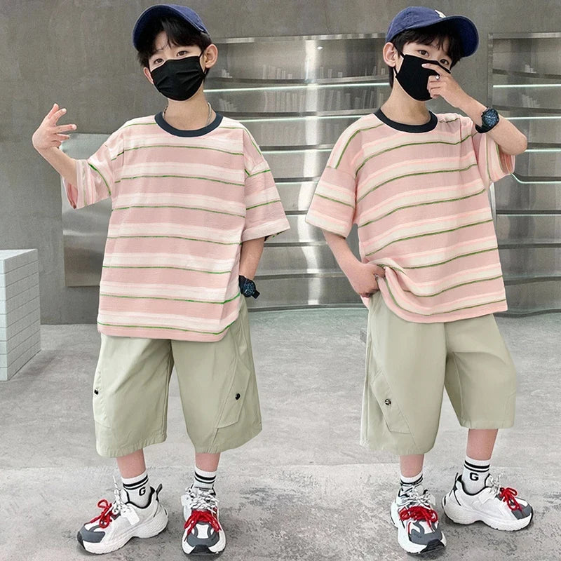 Kids New Designer Cotton Stripe T-shirt Shorts Set Summer Outfit for Boys Tracksuit Set 2 Pieces Clothing Suit for Tweens Child