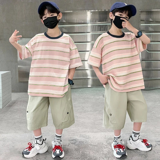 Kids New Designer Cotton Stripe T-shirt Shorts Set Summer Outfit for Boys Tracksuit Set 2 Pieces Clothing Suit for Tweens Child