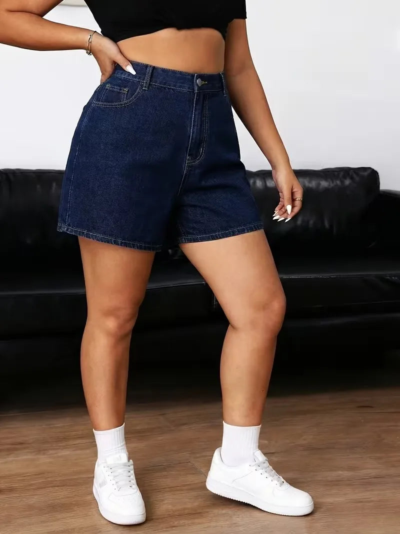 Plus Size Retro Deep Blue Elastic Washed Denim Shorts Women Summer New Y2k Streetwear High Waisted Loose Jean Shorts