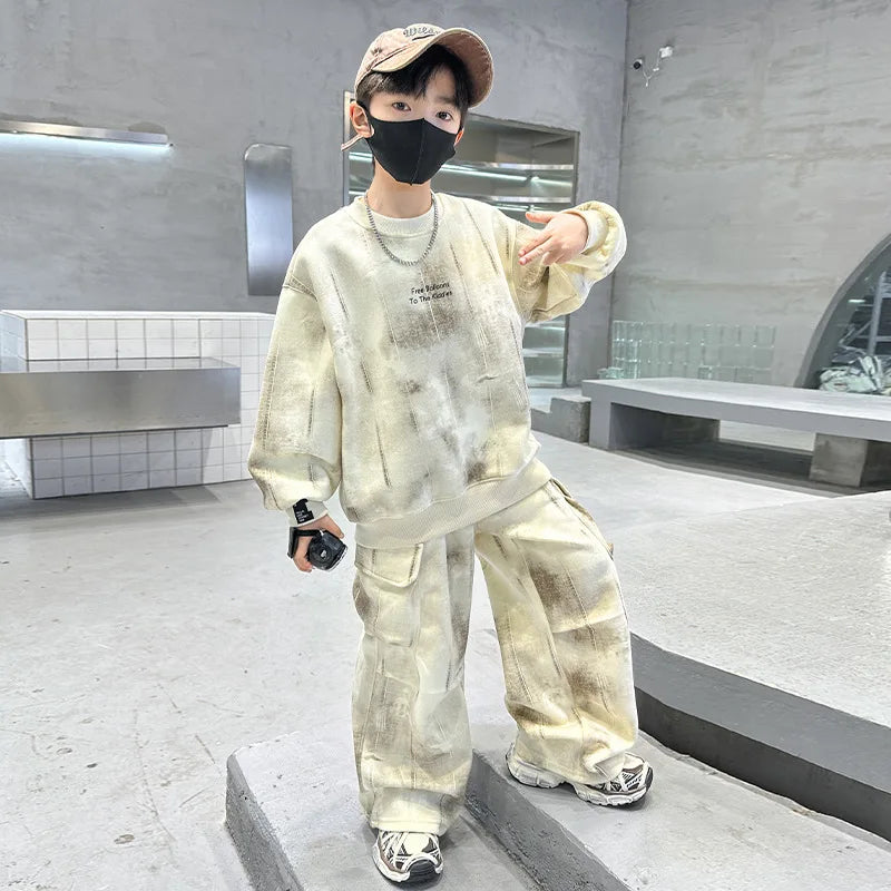 Boys Loose Tie Dye Printed Workout Sweatshirt+Sweatpant Streetwear Set School Kids 2PCS Tracksuit Children Jogger Outfit 5-16 Yr