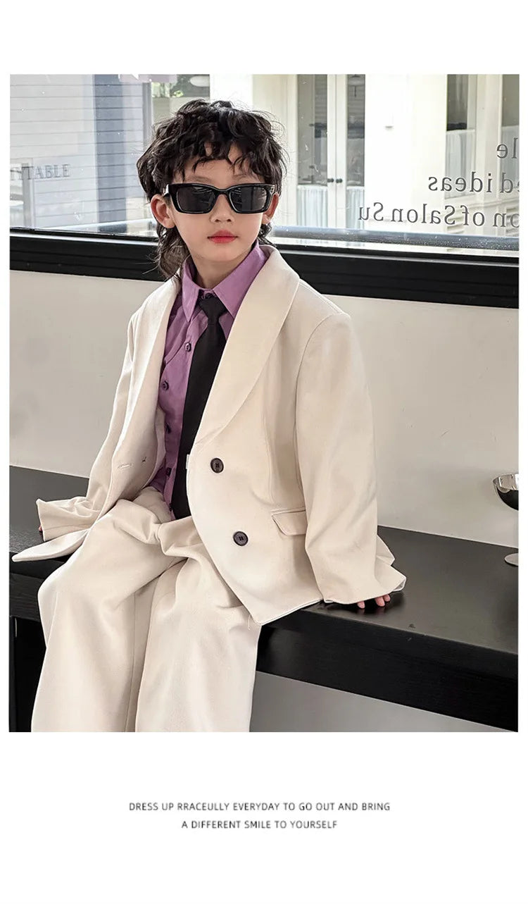 Boys Woollen Loose Blazer Jacket Pants Suits Kids Formal Dress Performance Casual Clothes Sets Child Toddler Party Leisure Suit