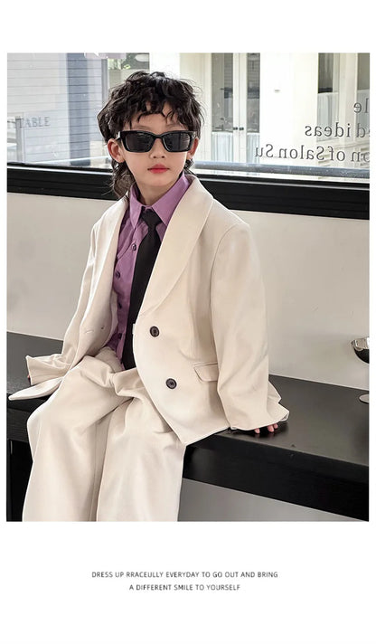 Boys Woollen Loose Blazer Jacket Pants Suits Kids Formal Dress Performance Casual Clothes Sets Child Toddler Party Leisure Suit
