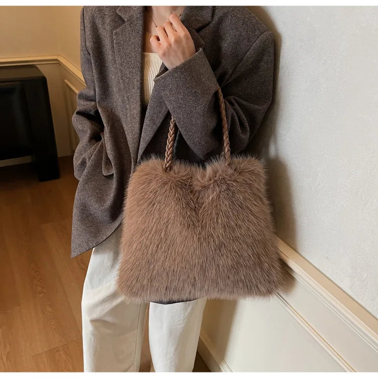 Fashion Women Furry Shoulder Bag Large Capacity Tote Handle Bag for Autumn Winter Outing Commuter Texture Versatile Storage Bags