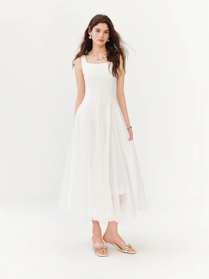 2026 Summer Women‘s Square Neck Tulle A-Line Maxi Dress Vest Collar Flowy Long Dress for Romantic Coquette Summer Style