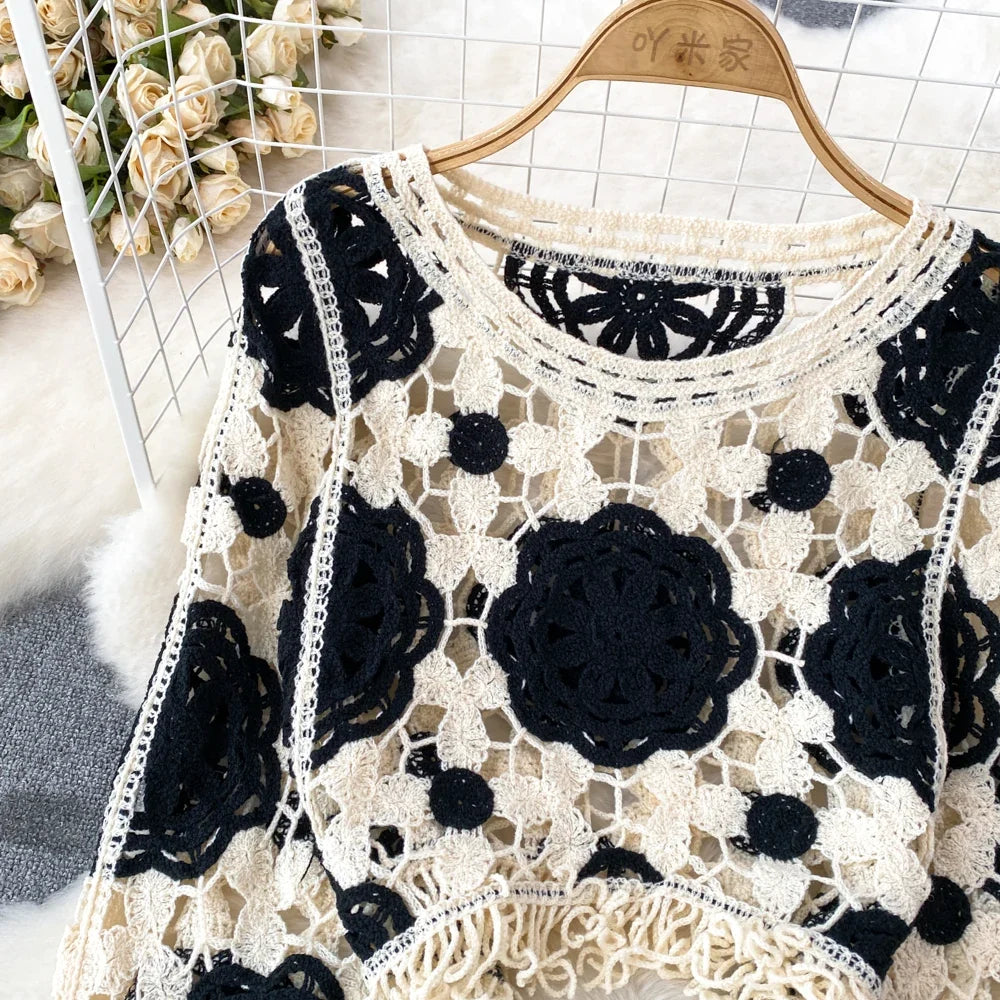 Hook Flower Hollow Out Tops Women Long Lantern Sleeves Tassels Vintage Bohemian Loose Beachwear Hotsweet Knit Blouse