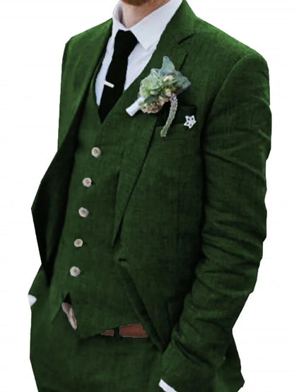 High-End Retro Linen Men Suit Beach Wedding Suit Summer Slim Fit 3 Pieces Light Weight Linen Suit Jacket Vest Pant