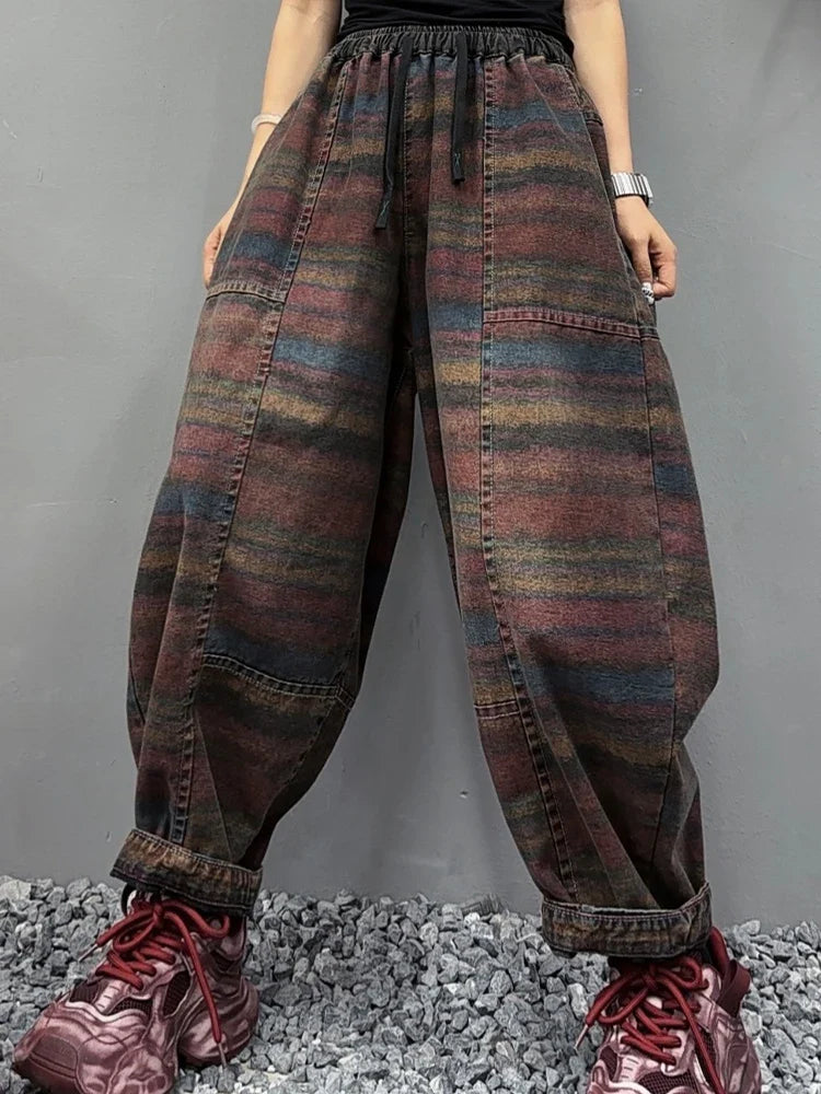 Fall Korean Casual Jeans Womens Classic Striped Fashion Vintage Denim Pants Ladies Loose Elastic Waist Harem Trousers