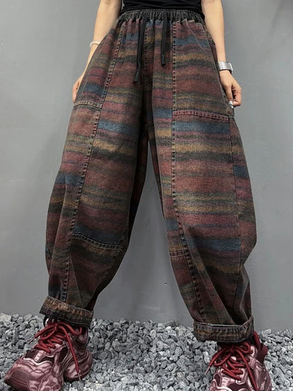 Fall Korean Casual Jeans Womens Classic Striped Fashion Vintage Denim Pants Ladies Loose Elastic Waist Harem Trousers