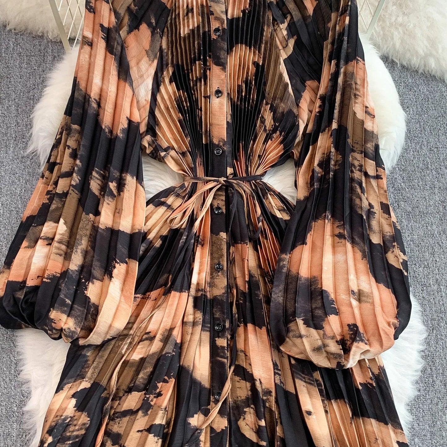 Ele Printed round Ne Lantern Sve Dr Women's Single Button Waist Cinch Maxi Skirt Long Dr Commute Sle Autumn