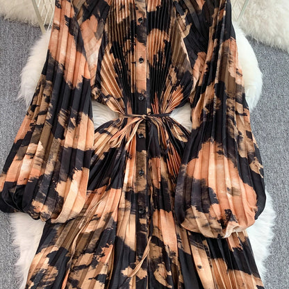 Ele Printed round Ne Lantern Sve Dr Women's Single Button Waist Cinch Maxi Skirt Long Dr Commute Sle Autumn