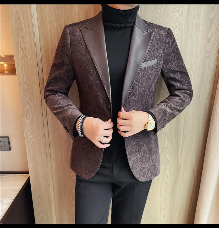 2025 Fashion Leather Neck Spliced Suit Jacket Luxury Men's Business Slim Fit Social Formal Blazers Coats Wedding Groom Tuxedos