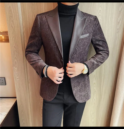 2025 Fashion Leather Neck Spliced Suit Jacket Luxury Men's Business Slim Fit Social Formal Blazers Coats Wedding Groom Tuxedos