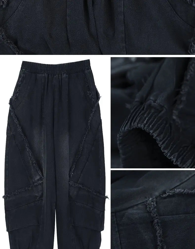 Black Wide-leg Jeans Harlan Pants Loose Fashion Casual Full Length High Waist Patchwork Print Pocket Jeans Women Clothes Spring