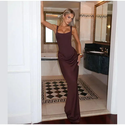 Sexy Square-neck Halter Long Dress Women 2025 Pleated Sleeveless Backless High Waist Bodycon Dresses New Summer Lady Party Gowns