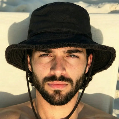 Fashion Men Fisherman Hats Foldable Bob Bucket Hat with Big Brim Sunscreen with Adjust Chin Rope Caps Beach Fishing Gorras Hat