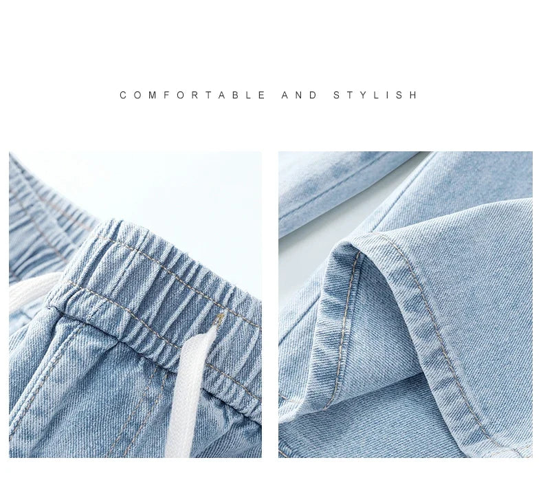Casual Denim Shorts Men Elastic Waist Straight Comfortable Light Blue Soft Short Pants Baggy Wide Bermuda Male Jeans