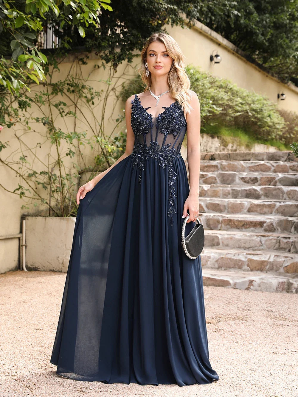 Navy Blue A Line Evening Dresses 2025 Elegant Beaded Appliques Illusion Prom Gowns Formal Party Vestido De Gala