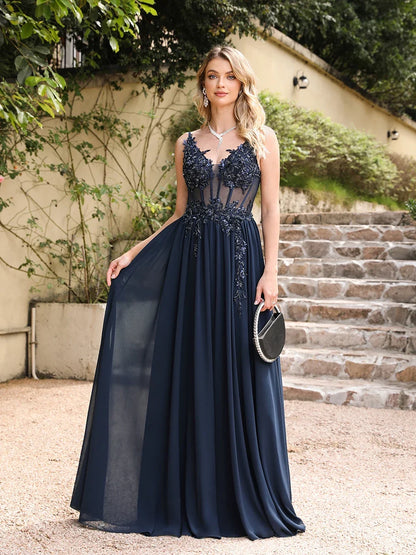 Navy Blue A Line Evening Dresses 2025 Elegant Beaded Appliques Illusion Prom Gowns Formal Party Vestido De Gala