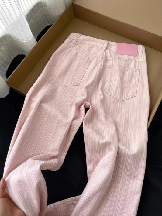 2025 Summer Thin High Waist Straight Leg Wide Leg Pants Women's Denim Jeans Floor-Length Casual Pink Trousers Long Pants Feamle