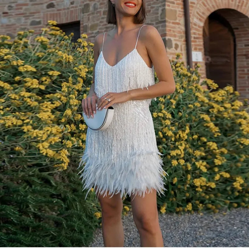2025 New Sexy Tassel Sequins Feather Mini Dress Women Spaghetti Strap Stitching Dresses Female Elegant Evening Party Club Dress