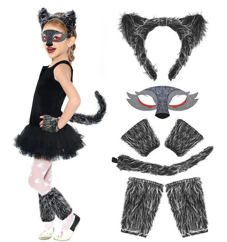 Girls Wolf Ear Headband Tail Skirt Mask Suit Wolf Cosplay Costumes Children Stage Costume Birthday Gift Halloween Animal Dress