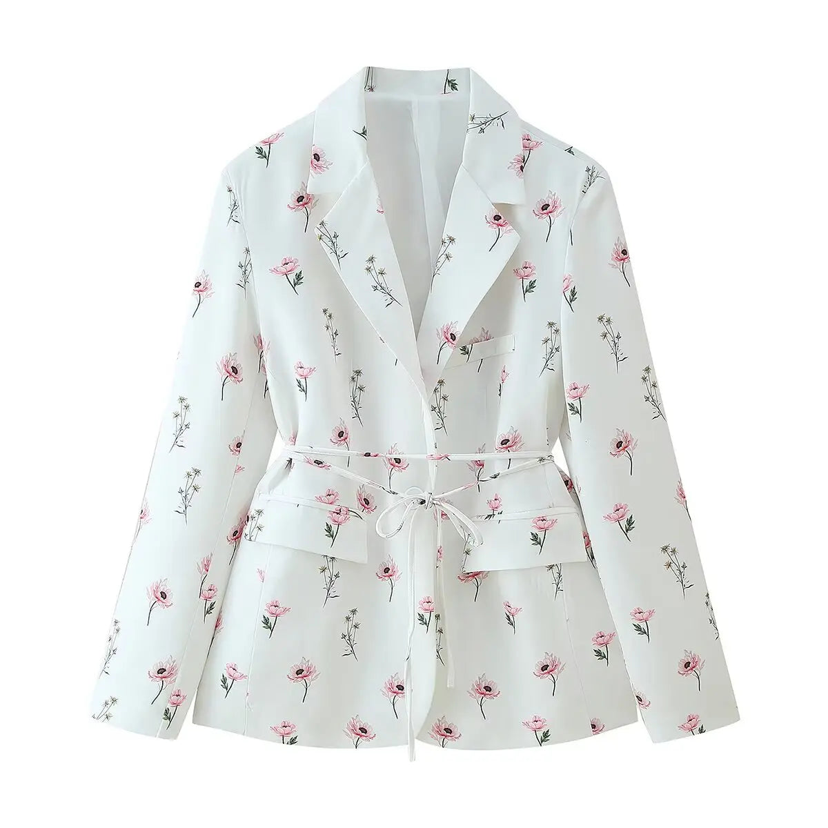 Spring New Faion Women's Suit Jaet Printed Stand Collar Belted Two-color Polyester Fiber Casual Long Sve Coat