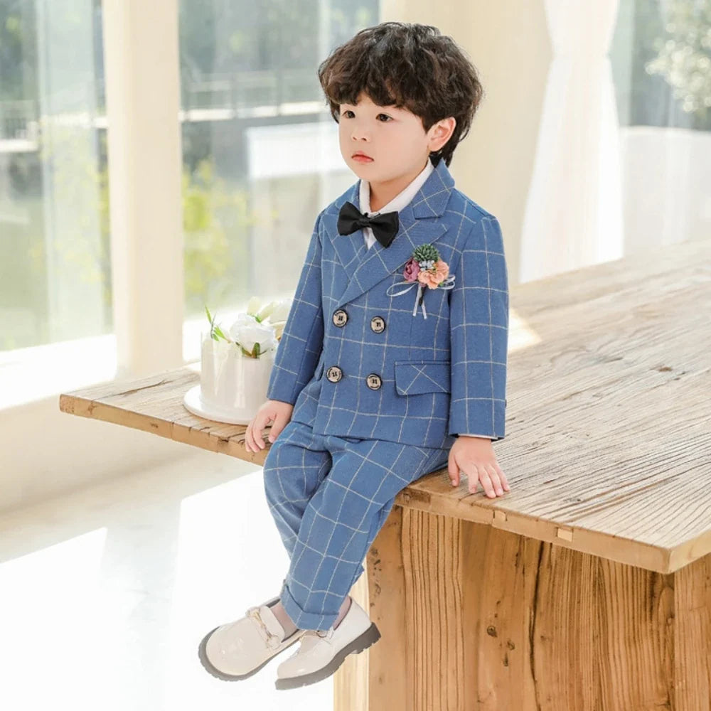 Blue Plaid Party Tuxedo 2 Pieces Blazer Pants With Bow-tie For Kids,Double Breasted Boys Suit Set Wedding Clothes