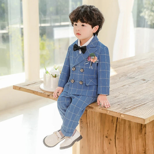 Blue Plaid Party Tuxedo 2 Pieces Blazer Pants With Bow-tie For Kids,Double Breasted Boys Suit Set Wedding Clothes