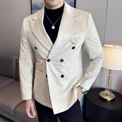 Autumn Winter New Velvet Suit Jacket Men Double-Breasted Striped Slim Fit Casual Coats High Quality Formal Business Tailcoat