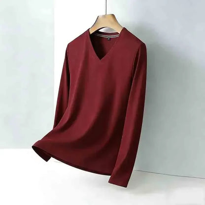 Minimalist Men's V-neck Long Sleeve T-shirt Soft Knitted Fabric Comfortable Top for All Seasons
