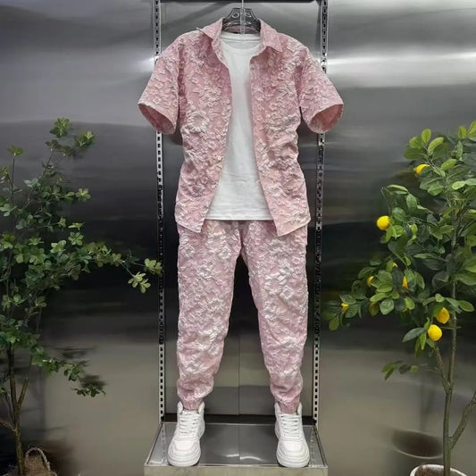 Summer Shirts+Pants Men Sets New Men Casual Print Shirt Two Piece Mens Sportswear Jogger Tracksuits Fashion Suit