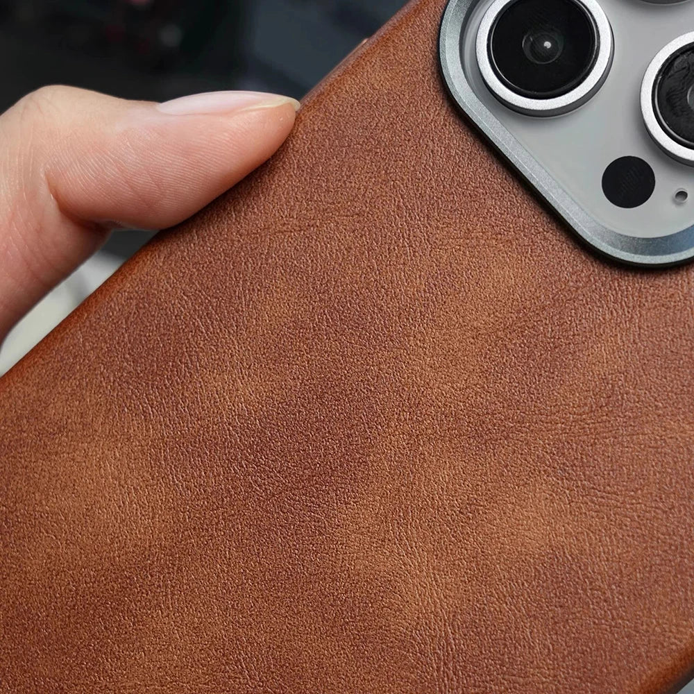 Premium Vintage Leather Magnetic Phone Case for IPhone 16 14 13 15 Pro Max Wireless Charging Alloy Camera Shockproof Back Cover