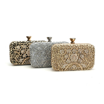 Hollow Out Style Rhinestones Golden Metal Banquet Christmas Gift Dress Purse Clutch Luxury Metal Rhinestones Evening Bags Flap P