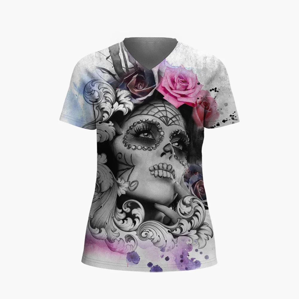 Skulls T-shirt Women's Shirt Fashion Short Sleeve New Casual Top Tee Ladies Girl Clothing V Neck T Shirt For Women