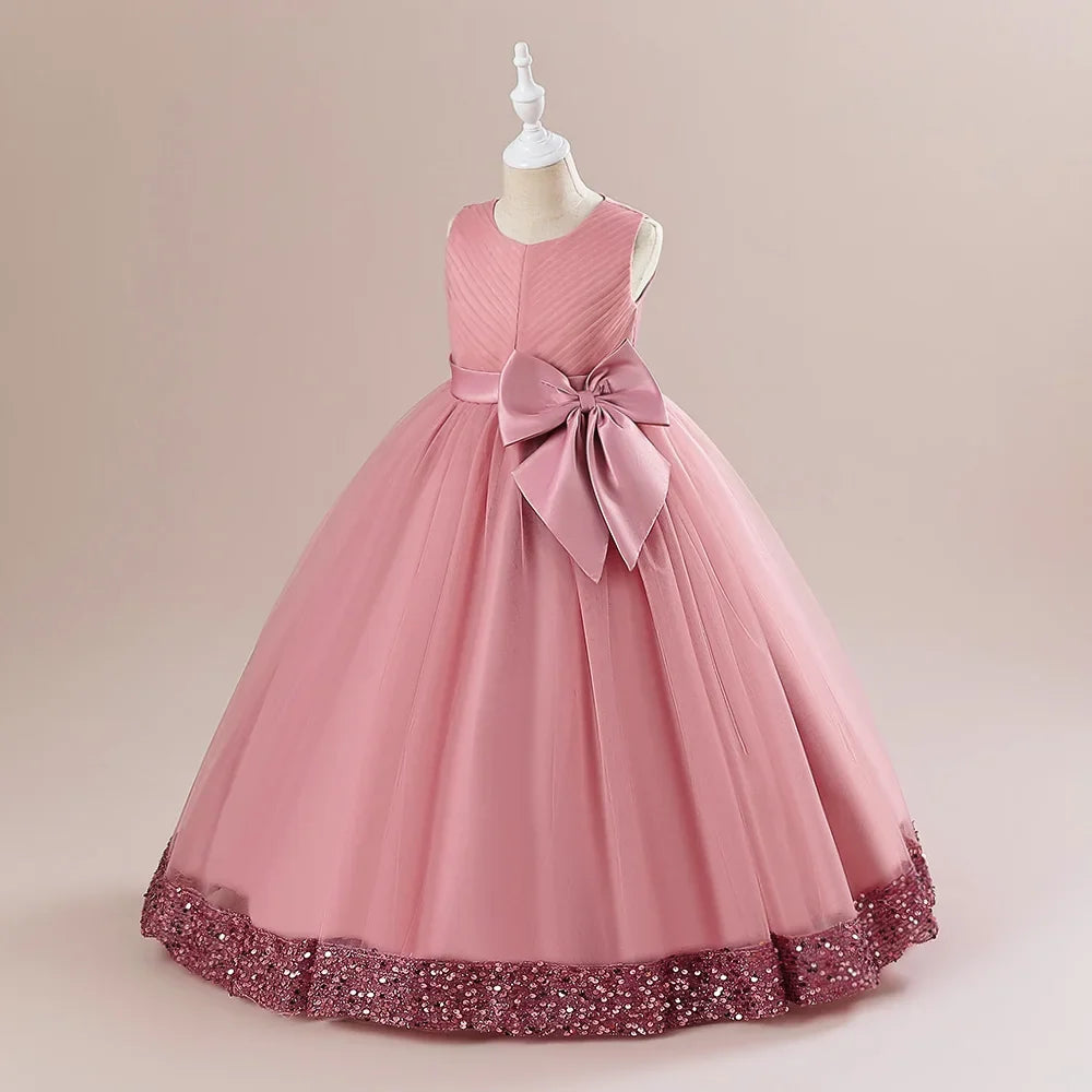 Fluffy Sequin Bridemaid Princess Girls Dress Elegant Bow Pink Wedding Prom Evening Kids Party Dresses for Girl Birthday Costumes