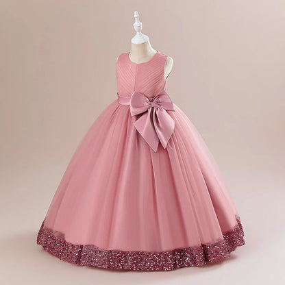 Fluffy Sequin Bridemaid Princess Girls Dress Elegant Bow Pink Wedding Prom Evening Kids Party Dresses for Girl Birthday Costumes